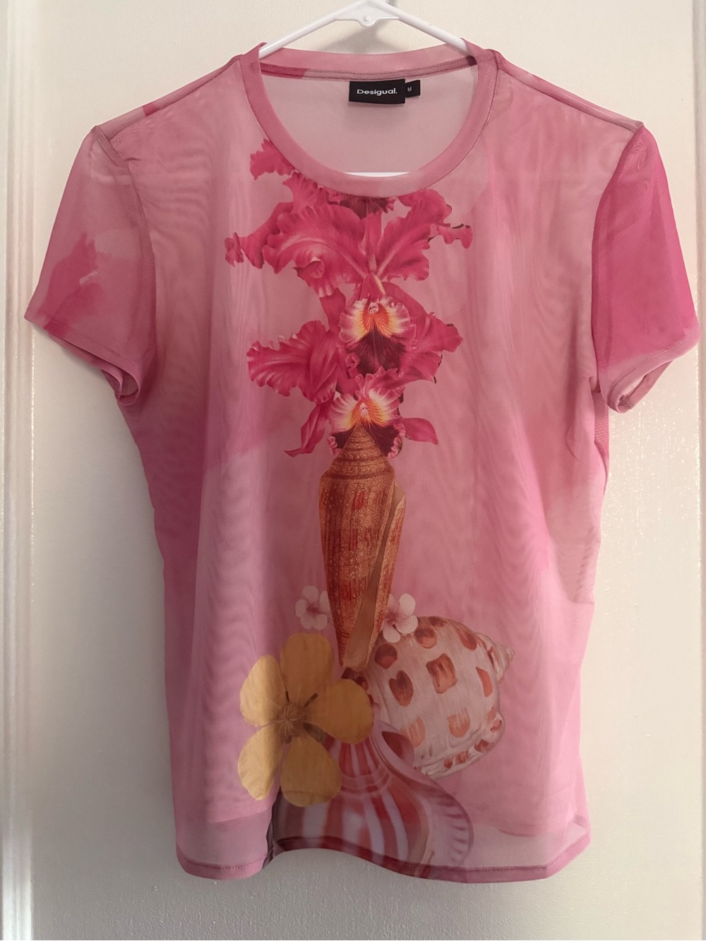Tyler McGillivary x Desigual 2026 Sheer Pink T-shirt with Yellow floral graphic